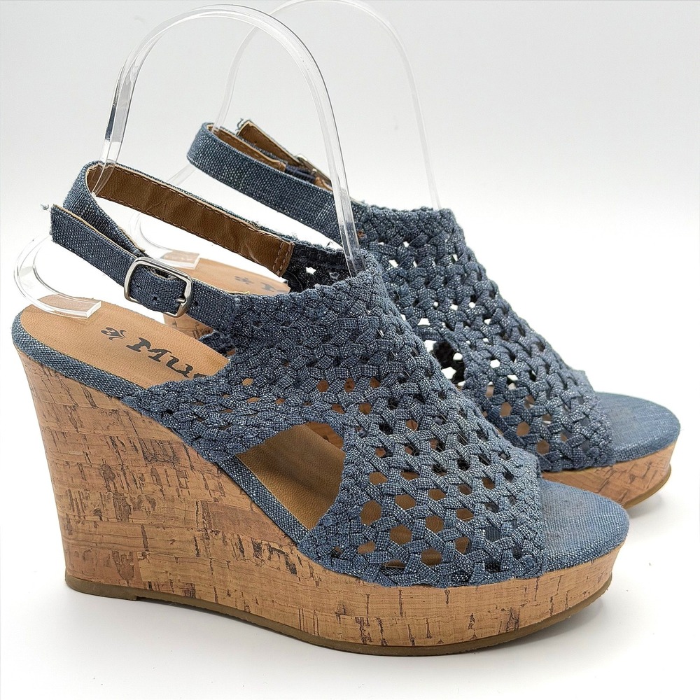 Mudd Woven Wedge Sandals Womens 6.5M Blue Sparkle Cork Platform Slingback Boho